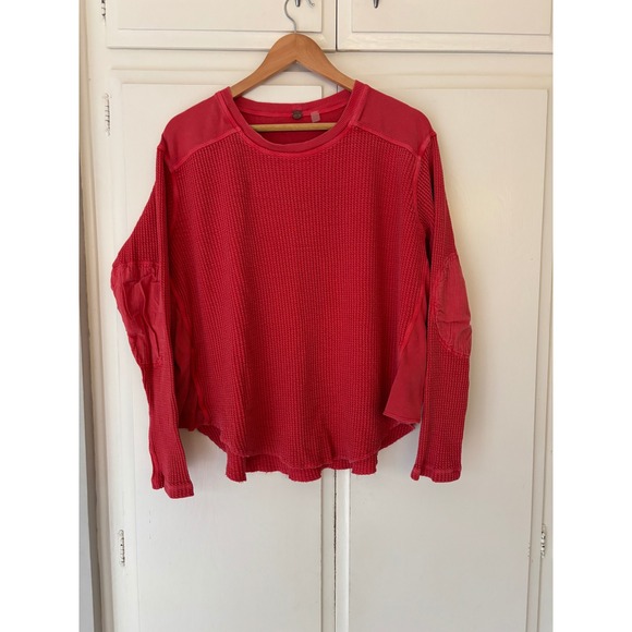 Free People Tops - Free People FP One Rich Red Waffle Knit Thermal Mixed Media Top Long Sleeve XL